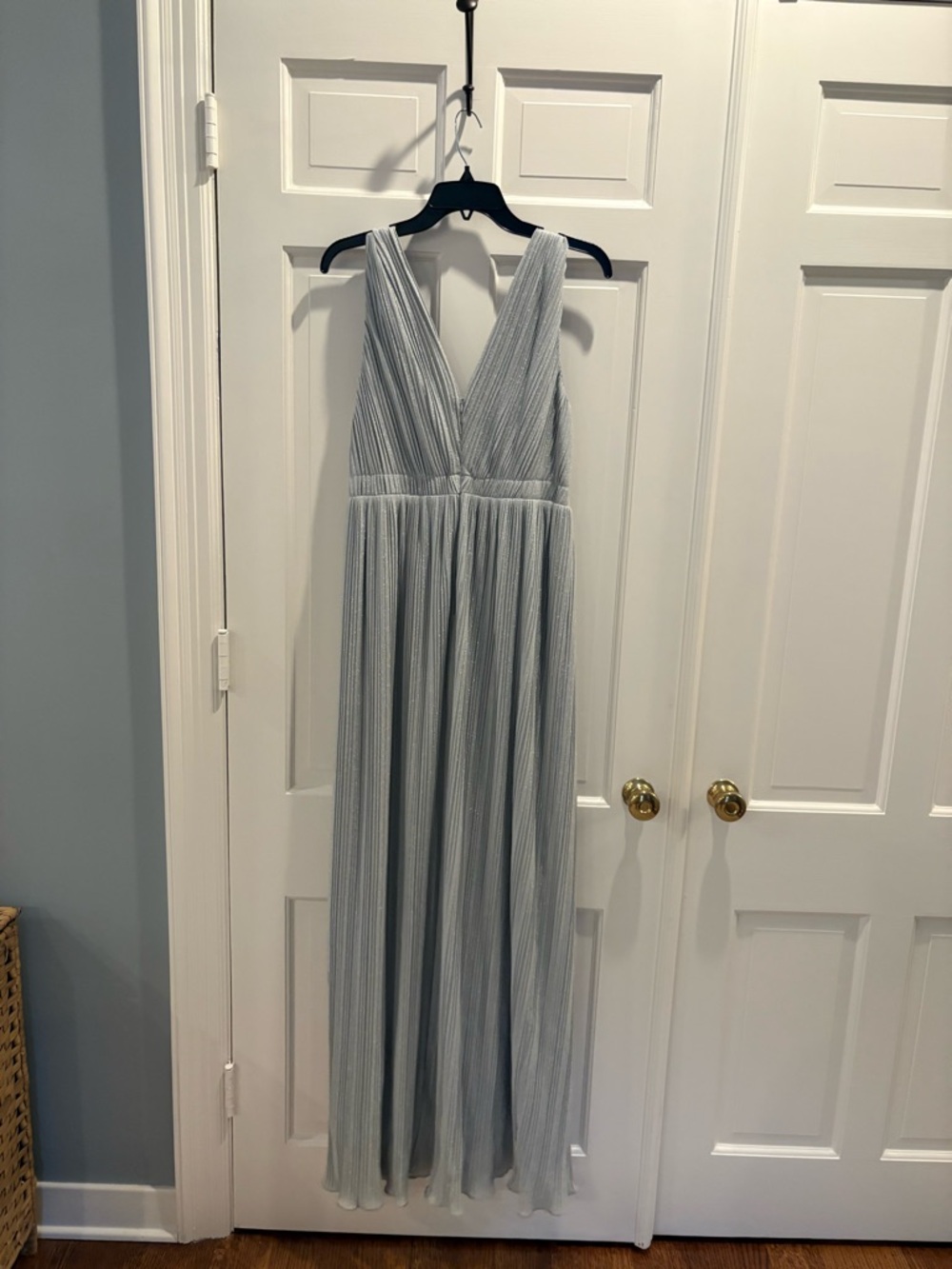 Halston V-Neck Silver Pleated Gown